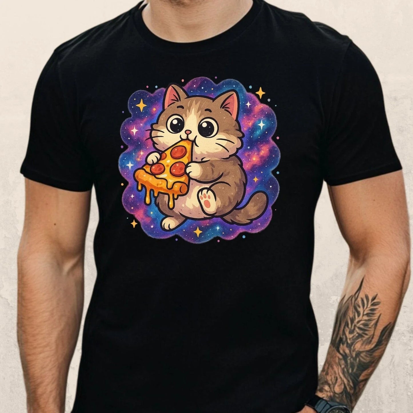 Cat Eats Pizza In Space Theme Cotton Mens T-Shirt Size XS to 5XL Unisex T-shirt, Sweatshirt, Hoodie, Long Sleeve Tee - T-Shirt, Sweatshirt, Hoodie