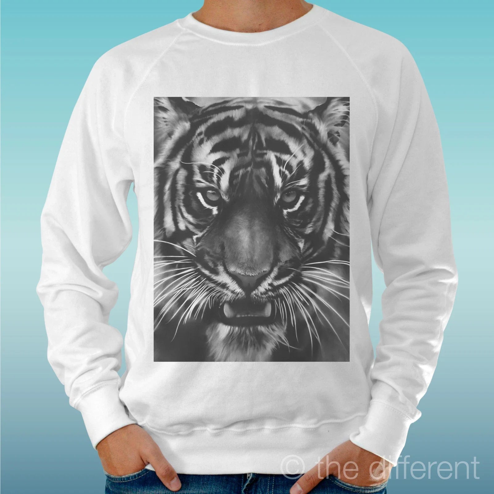 Felpa Man Light Sweater White " Tiger Draw " Road To Happiness Unisex T-shirt, Sweatshirt, Hoodie, Long Sleeve Tee - T-Shirt, Sweatshirt, Hoodie