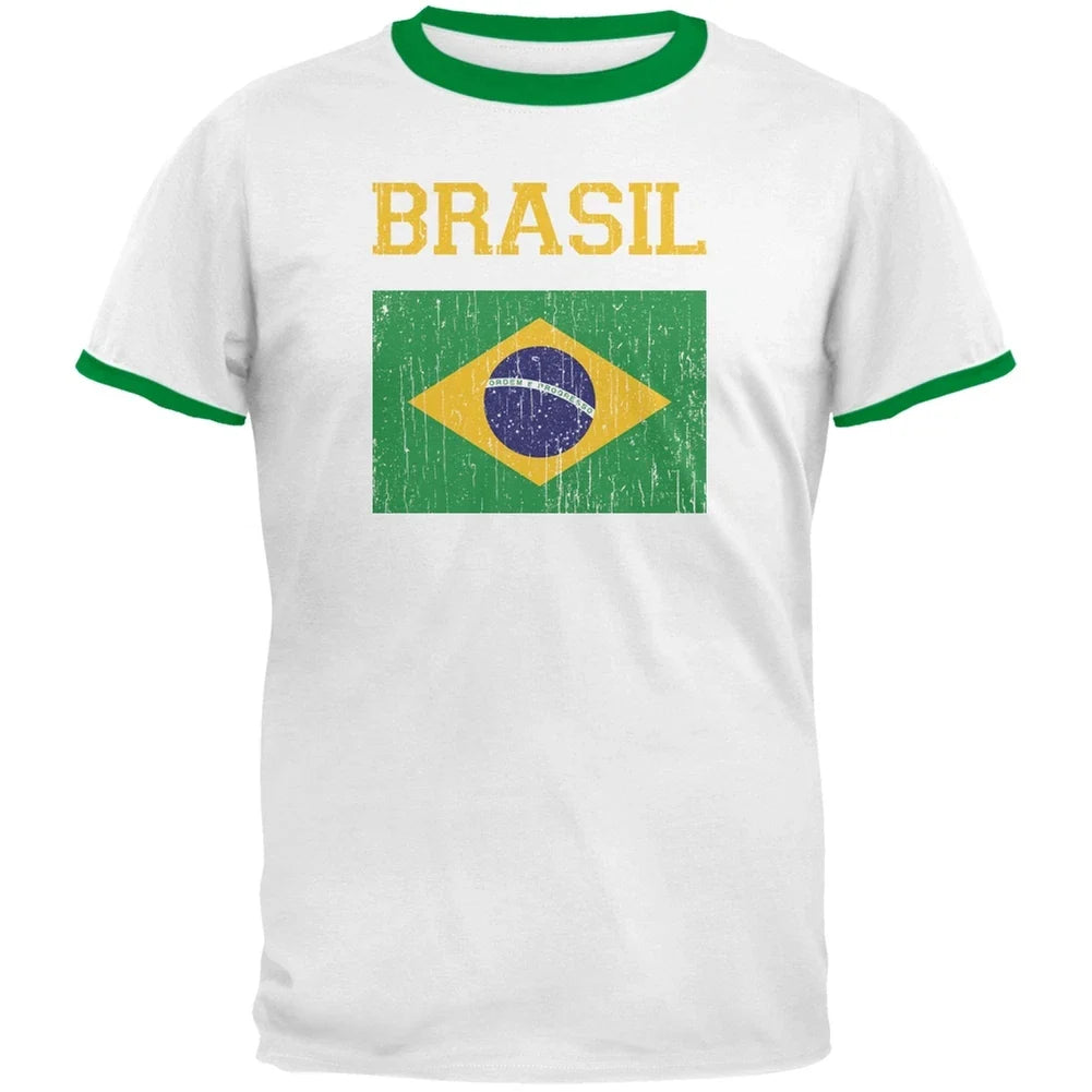 World Cup Distressed Flag Brasil White/Kelly Men's Ringer T-Shirt Unisex T-shirt, Sweatshirt, Hoodie, Long Sleeve Tee - T-Shirt, Sweatshirt, Hoodie