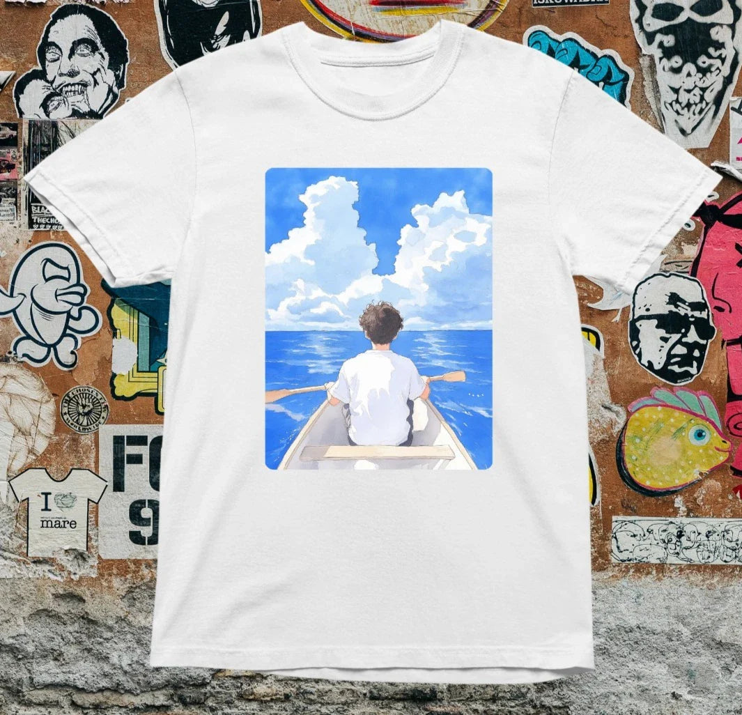 Ghibli Anime Boat T Shirt  Inspired Ocean Sky Tee  Aesthetic Tranquil Summer V Unisex T-shirt, Sweatshirt, Hoodie, Long Sleeve Tee - T-Shirt, Sweatshirt, Hoodie