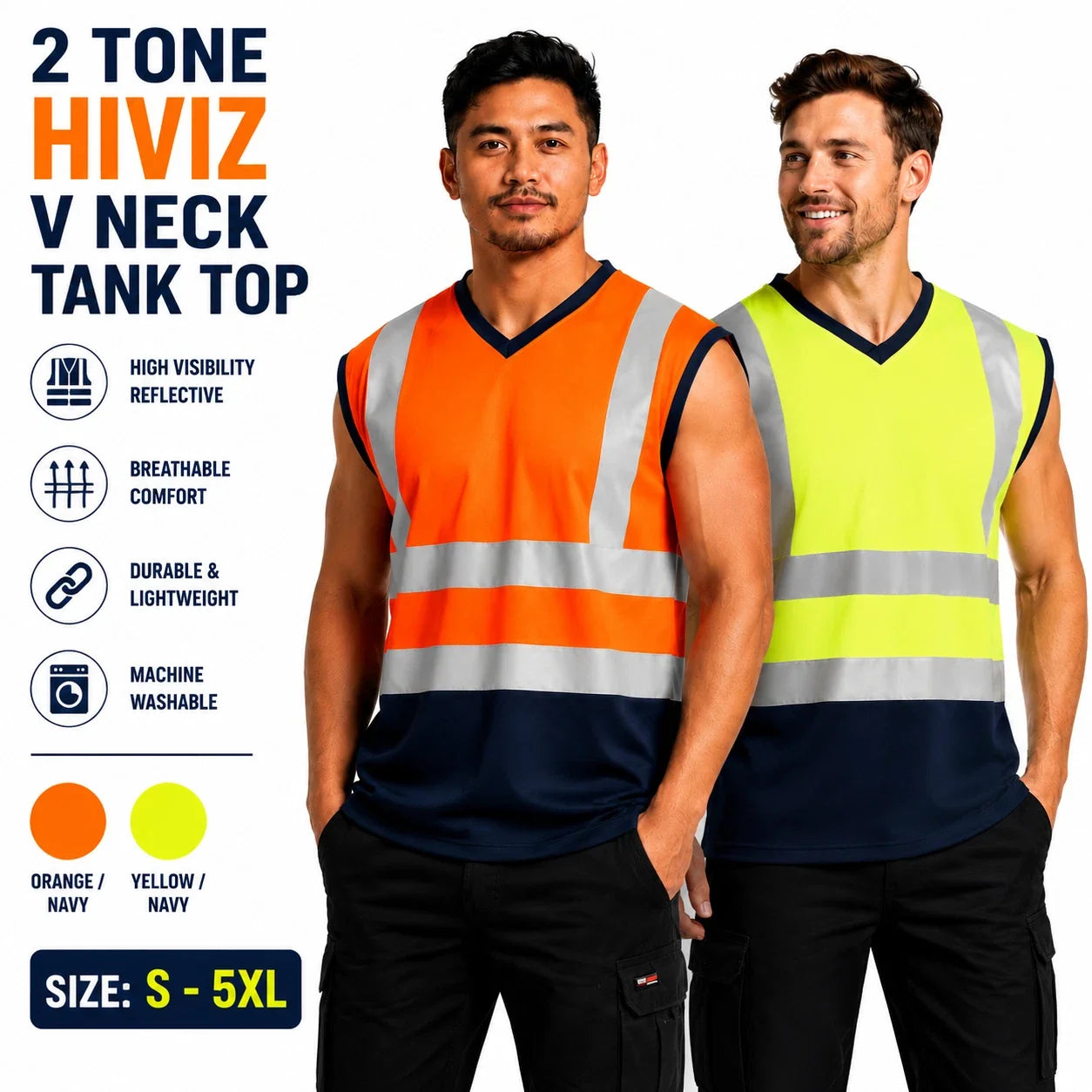 2 Tone Hi Viz Sleeveless T-Shirt V-Neck Sleeveless Safety Security Work Wear Top Unisex T-shirt, Sweatshirt, Hoodie, Long Sleeve Tee - T-Shirt, Sweatshirt, Hoodie