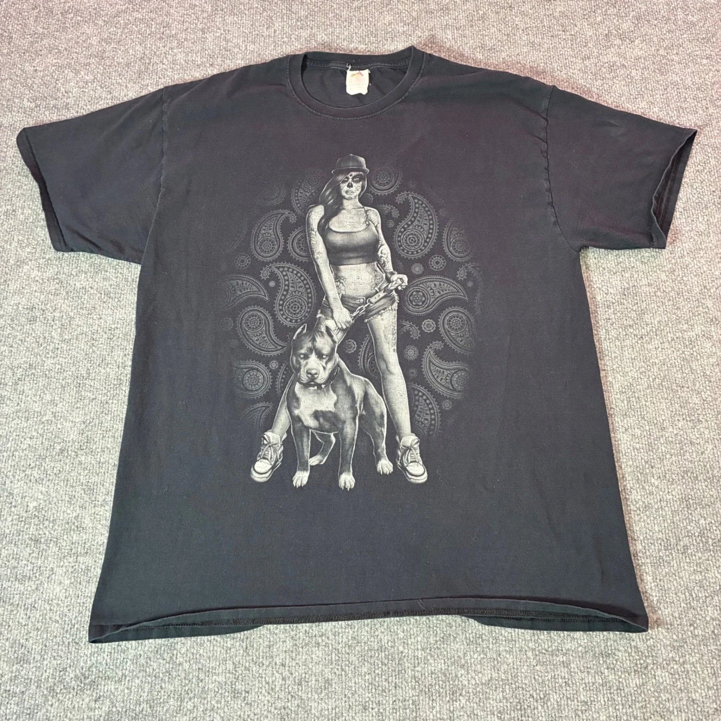Y2K Pitbull Sugar Skull Tattoo Woman With Pitbull Black T-Shirt XL Grunge Skull Unisex T-shirt, Sweatshirt, Hoodie, Long Sleeve Tee - T-Shirt, Sweatshirt, Hoodie