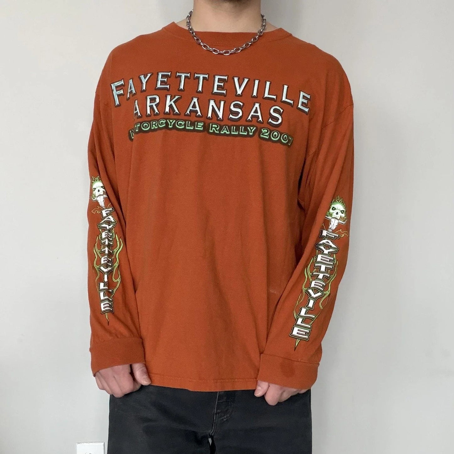 Y2K Biker Long Sleeve Shirt Fayetteville Arkansas XL Orange Motorcycle Skull Unisex T-shirt, Sweatshirt, Hoodie, Long Sleeve Tee - T-Shirt, Sweatshirt, Hoodie