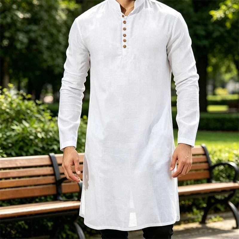 Men Minimalist Cotton Linen Mid Length Long Sleeve Casual Shirt Loose Fit Unisex T-shirt, Sweatshirt, Hoodie, Long Sleeve Tee - T-Shirt, Sweatshirt, Hoodie