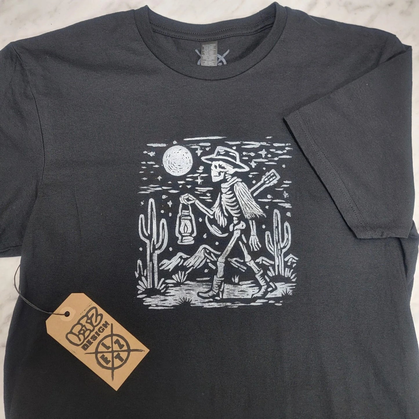 Desert Night Cactus Skeleton Cowboy T-Shirt Hand Printed Lino Printed Unisex T-shirt, Sweatshirt, Hoodie, Long Sleeve Tee - T-Shirt, Sweatshirt, Hoodie