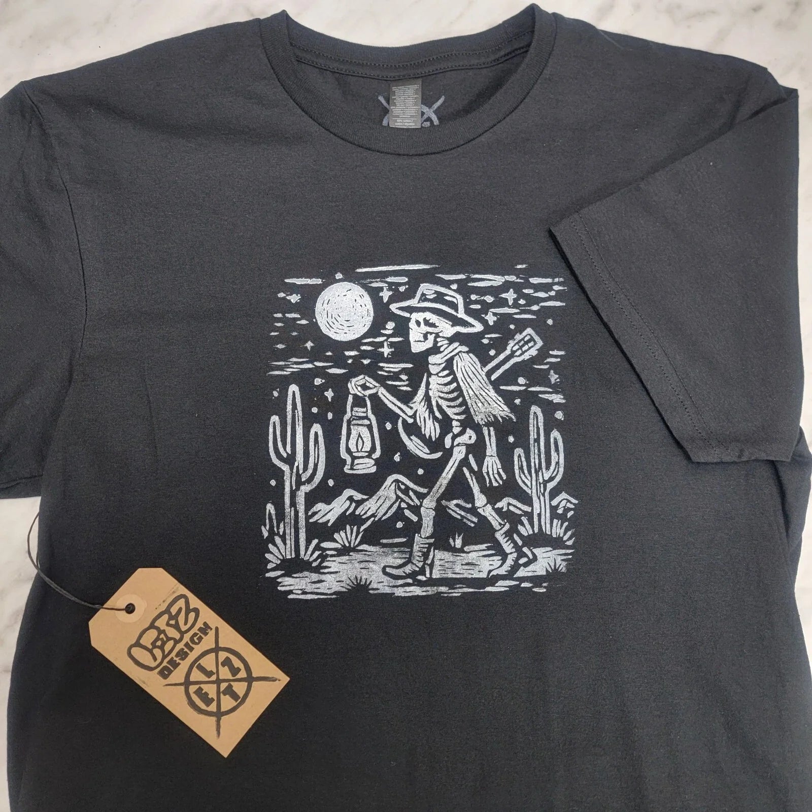 Desert Night Cactus Skeleton Cowboy T-Shirt Hand Printed Lino Printed Unisex T-shirt, Sweatshirt, Hoodie, Long Sleeve Tee - T-Shirt, Sweatshirt, Hoodie