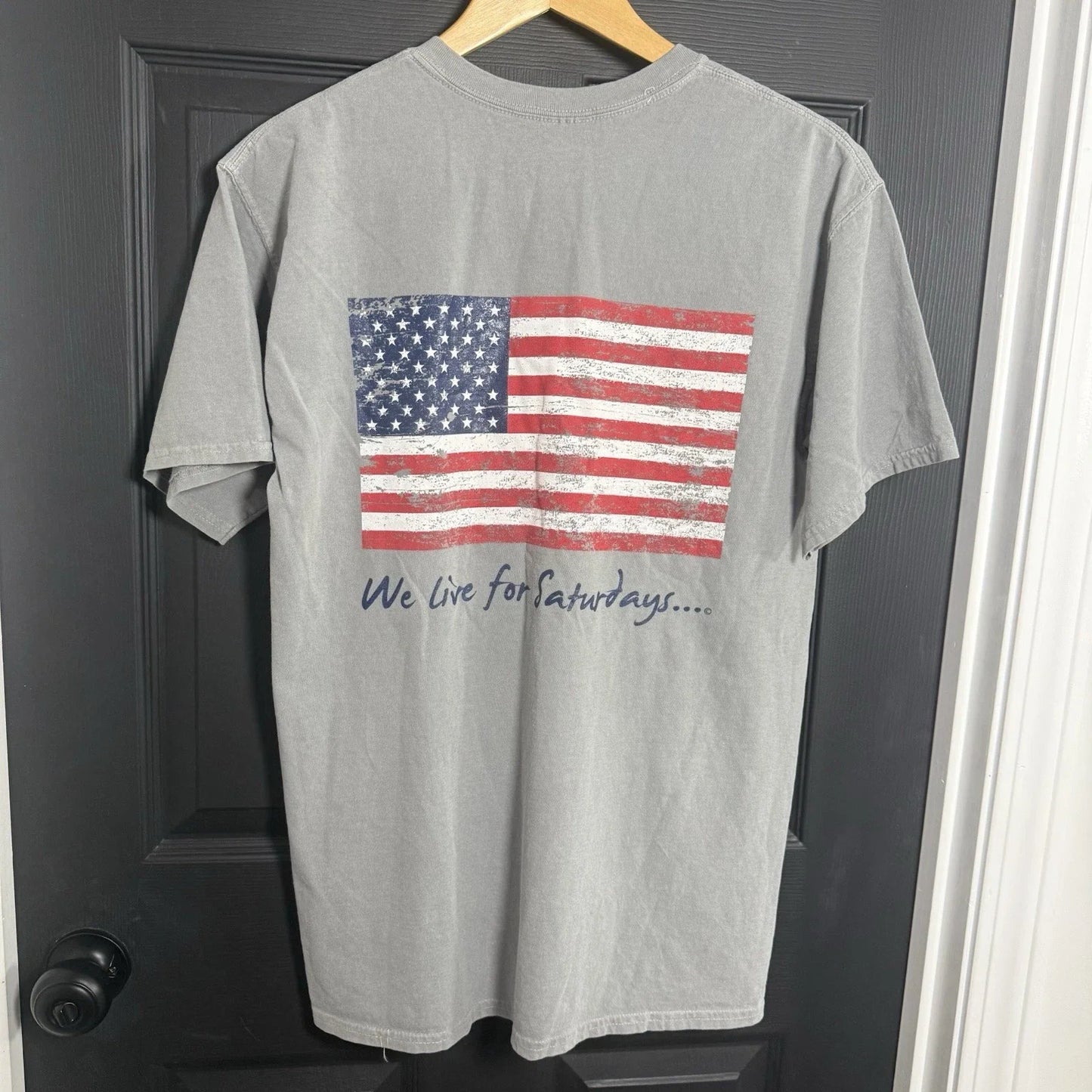 We Live For Saturdays Pocket T-Shirt M American Flag Graphic Comfort Colors Gray Unisex T-shirt, Sweatshirt, Hoodie, Long Sleeve Tee - T-Shirt, Sweatshirt, Hoodie