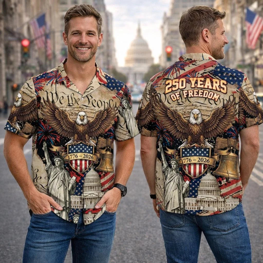 250 Years of Freedom Button Shirt, Retro America 250th Anniversary Hawaiian Unisex T-shirt, Sweatshirt, Hoodie, Long Sleeve Tee - T-Shirt, Sweatshirt, Hoodie