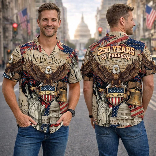 250 Years of Freedom Button Shirt, Retro America 250th Anniversary Hawaiian Unisex T-shirt, Sweatshirt, Hoodie, Long Sleeve Tee - T-Shirt, Sweatshirt, Hoodie