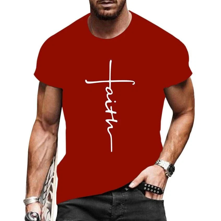 T-Shirt Men Red Faith Cross Graphic Short Sleeve Crew Neck Vintage Tee Shirt USA Unisex T-shirt, Sweatshirt, Hoodie, Long Sleeve Tee - T-Shirt, Sweatshirt, Hoodie