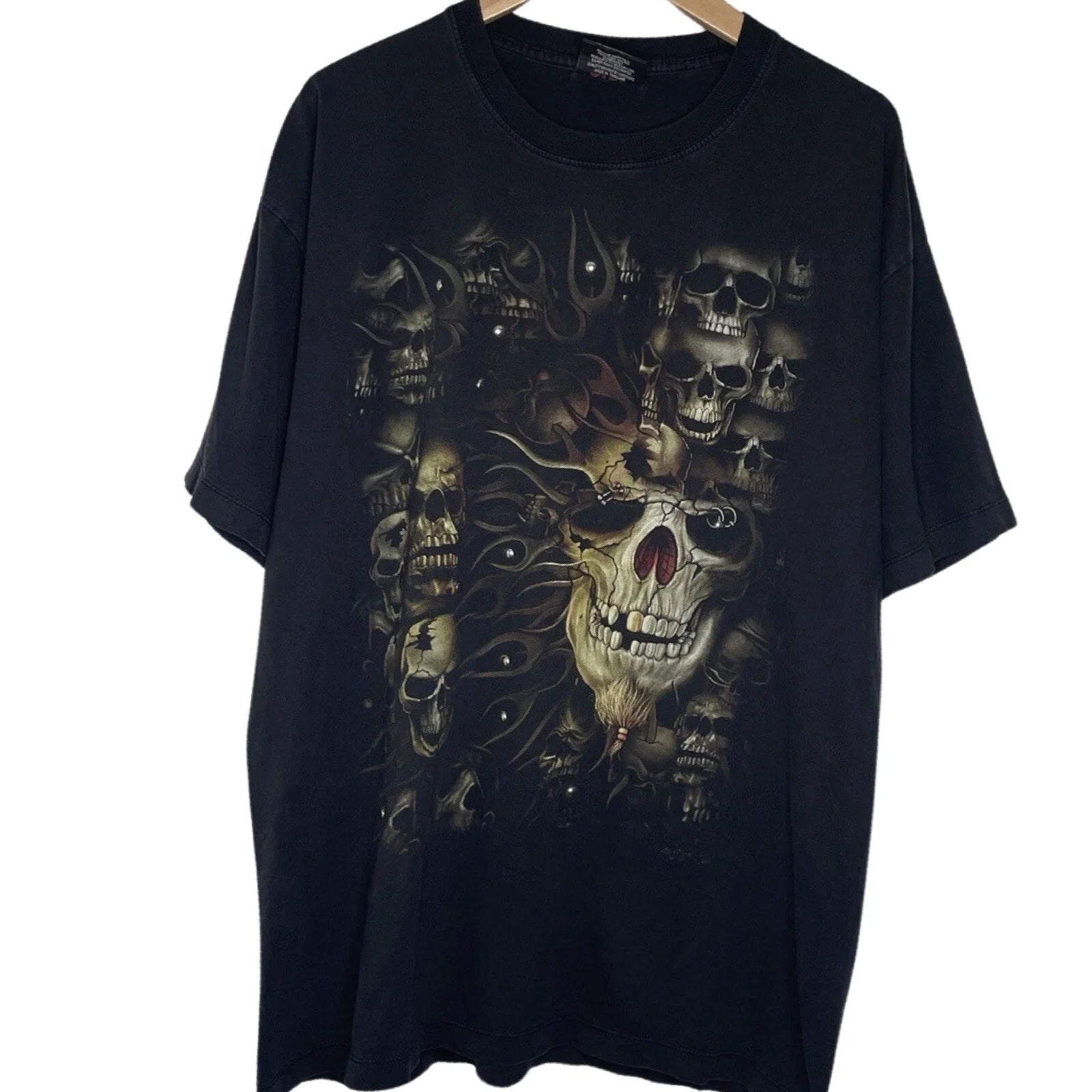 Vintage Y2K Rock Chang Skulls Flames Double Sided Biker Tee XL Unisex T-shirt, Sweatshirt, Hoodie, Long Sleeve Tee - T-Shirt, Sweatshirt, Hoodie