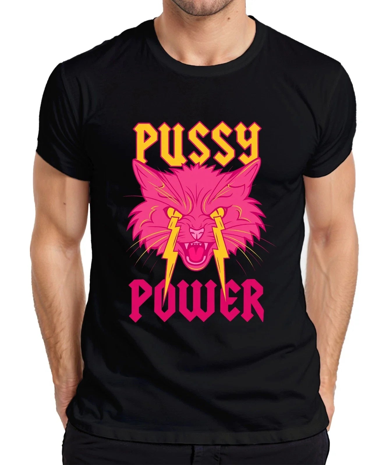 Pussy Power Women Power Cat Lightning Neon Punk Retro Feminism Mens T-Shirt Unisex T-shirt, Sweatshirt, Hoodie, Long Sleeve Tee - T-Shirt, Sweatshirt, Hoodie