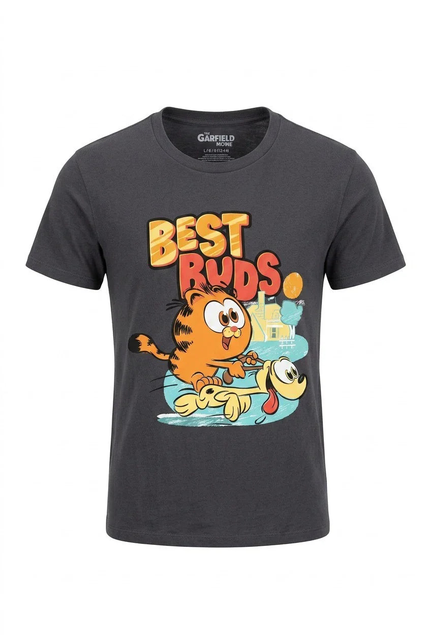 Garfield Best Buds Graphic Print Crew Neck T-Shirt Dark Gray Size L (42/44) Unisex T-shirt, Sweatshirt, Hoodie, Long Sleeve Tee - T-Shirt, Sweatshirt, Hoodie