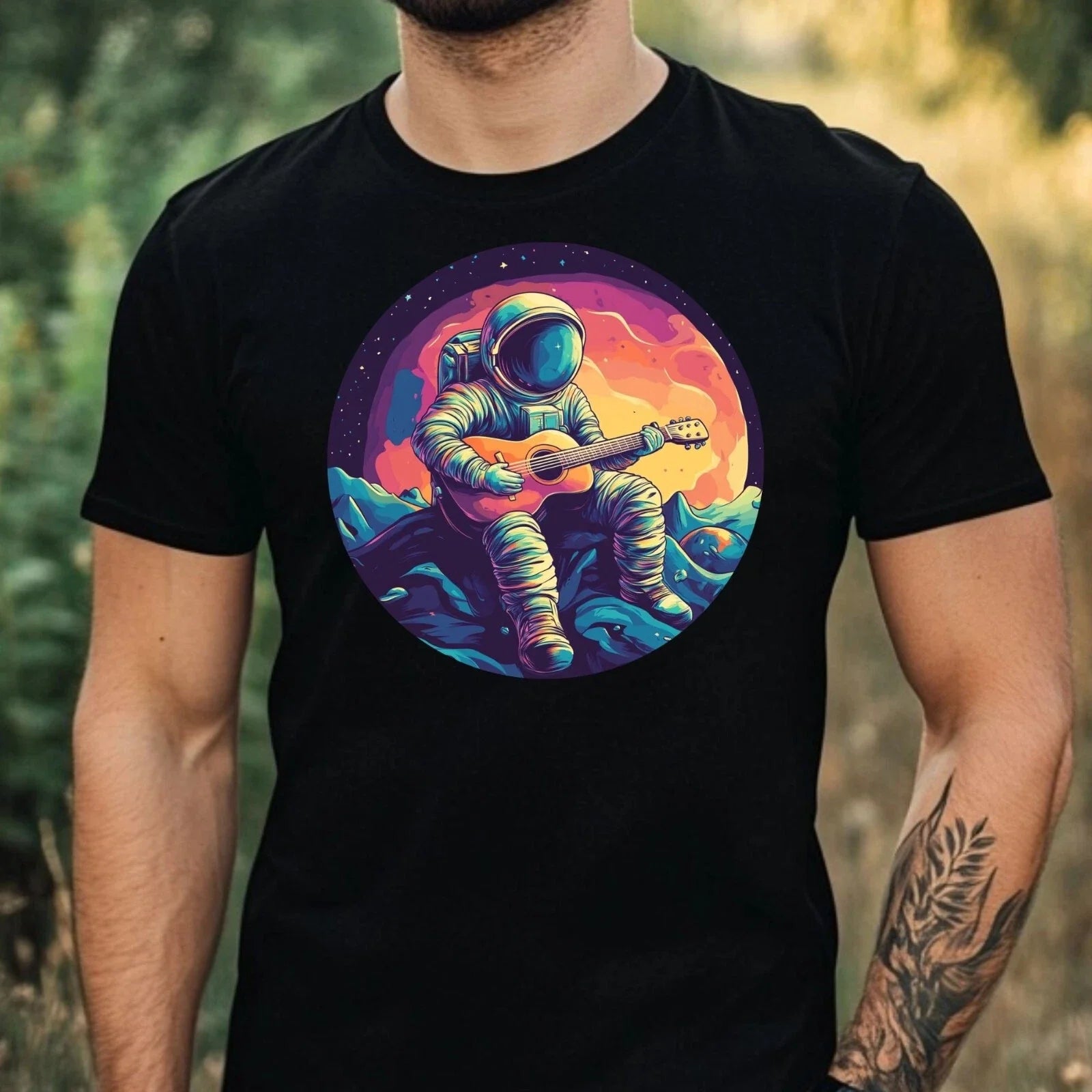 Mens Astronaut Playing Guitar Print Cotton T-Shirt Size XS to 5XL Unisex T-shirt, Sweatshirt, Hoodie, Long Sleeve Tee - T-Shirt, Sweatshirt, Hoodie