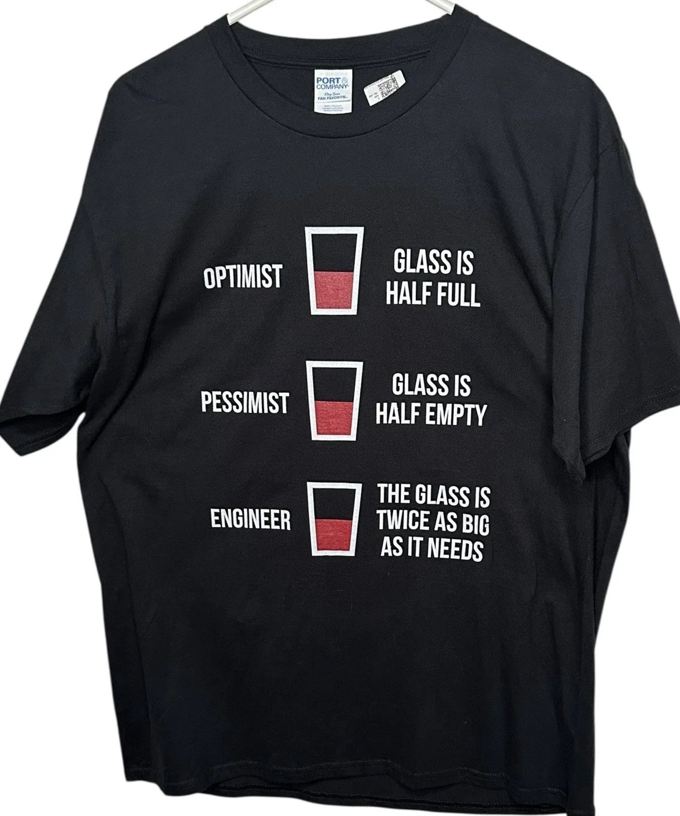 Port & Co Ring Spun T-Shirt Sz M Black Unisex Engineer Glass Half Full Fun Joke Unisex T-shirt, Sweatshirt, Hoodie, Long Sleeve Tee - T-Shirt, Sweatshirt, Hoodie