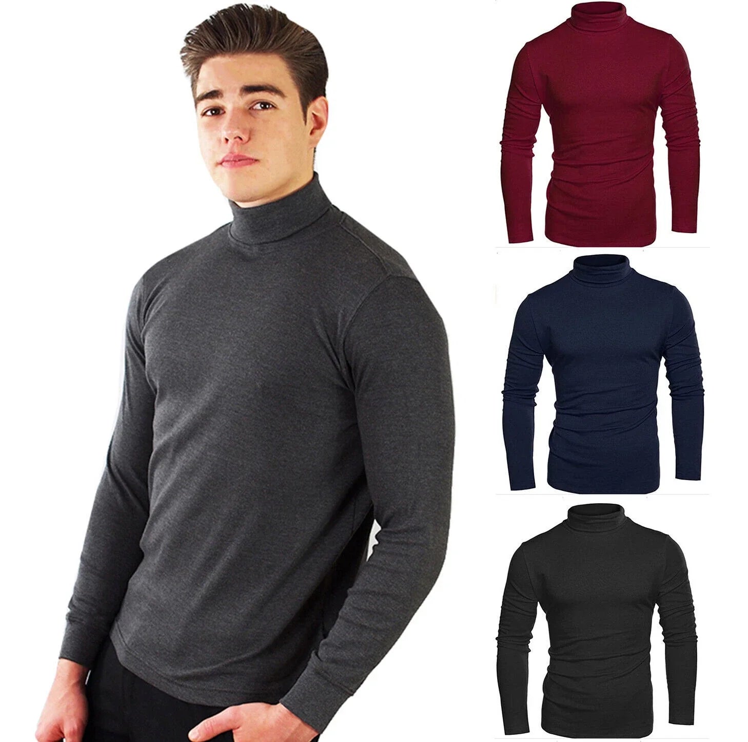 Mens Cotton Long Sleeve Jumper Soft Roll Turtle Neck Top S-3XL Unisex T-shirt, Sweatshirt, Hoodie, Long Sleeve Tee - T-Shirt, Sweatshirt, Hoodie