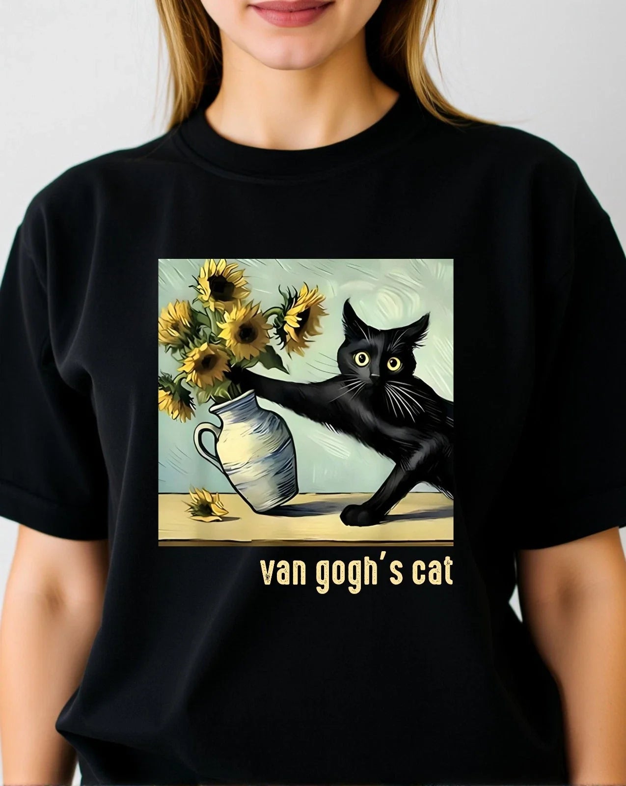 Funny Artwork T-shirt Black Cat Sunflower Van Goghs Painting Gift Top Unisex Tee Unisex T-shirt, Sweatshirt, Hoodie, Long Sleeve Tee - T-Shirt, Sweatshirt, Hoodie