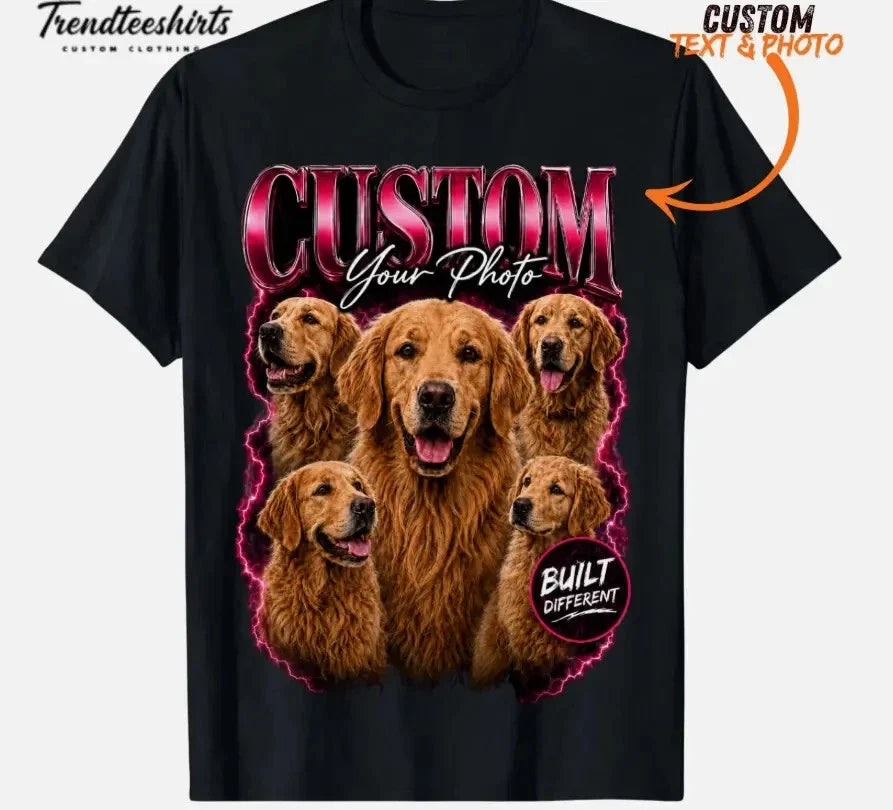 Custom Dog Cat Photo Text T-Shirt Personalized Birthday Date Pet Gift Unisex T-shirt, Sweatshirt, Hoodie, Long Sleeve Tee - T-Shirt, Sweatshirt, Hoodie