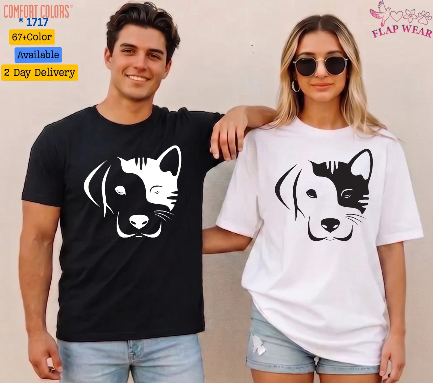 Dog and Cat Split Face T-Shirt - Minimalist Pet Lover Graphic Tee - Cute Dog Cat Unisex T-shirt, Sweatshirt, Hoodie, Long Sleeve Tee - T-Shirt, Sweatshirt, Hoodie