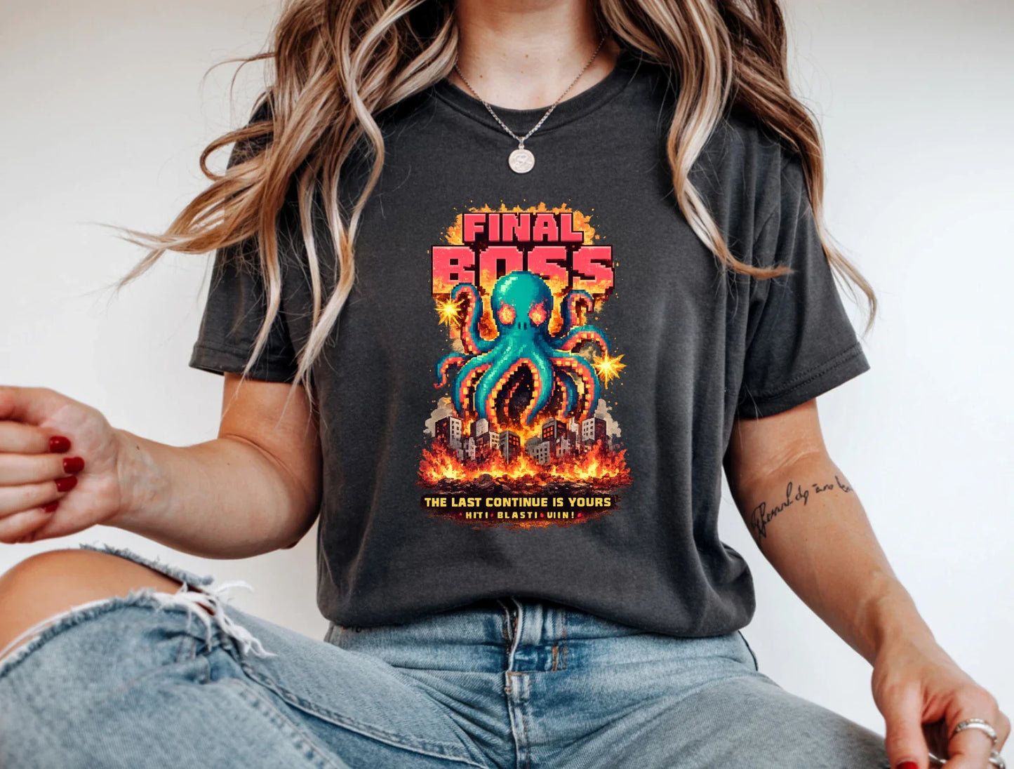 Final Boss Retro Gamer T-Shirt Pixel Octopus Arcade Gaming Graphic Tee Unisex T-shirt, Sweatshirt, Hoodie, Long Sleeve Tee - T-Shirt, Sweatshirt, Hoodie