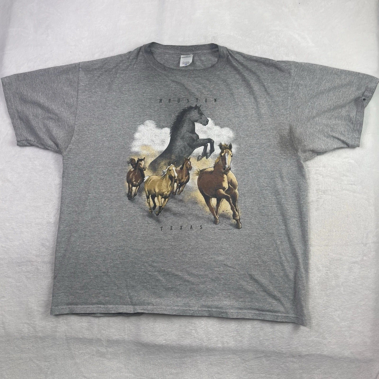 Y2K Anvil Houston Texas Horses Grey Short Sleeve Graphic Shirt Men's 2X Stains Unisex T-shirt, Sweatshirt, Hoodie, Long Sleeve Tee - T-Shirt, Sweatshirt, Hoodie