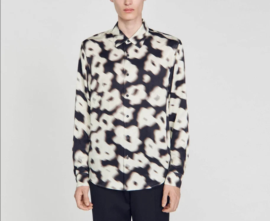 Sandro Paris Ecru Blurry Floral Print Satin Shirt Size L SHPCM01006 Unisex T-shirt, Sweatshirt, Hoodie, Long Sleeve Tee - T-Shirt, Sweatshirt, Hoodie