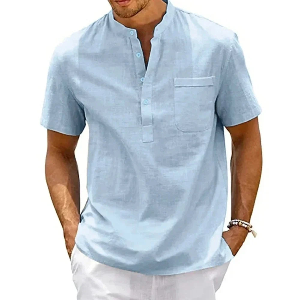 Mens Cotton Linen Shirt Henley Neck Short Sleeve Pocket Casual Beach Top T-shirt Unisex T-shirt, Sweatshirt, Hoodie, Long Sleeve Tee - T-Shirt, Sweatshirt, Hoodie