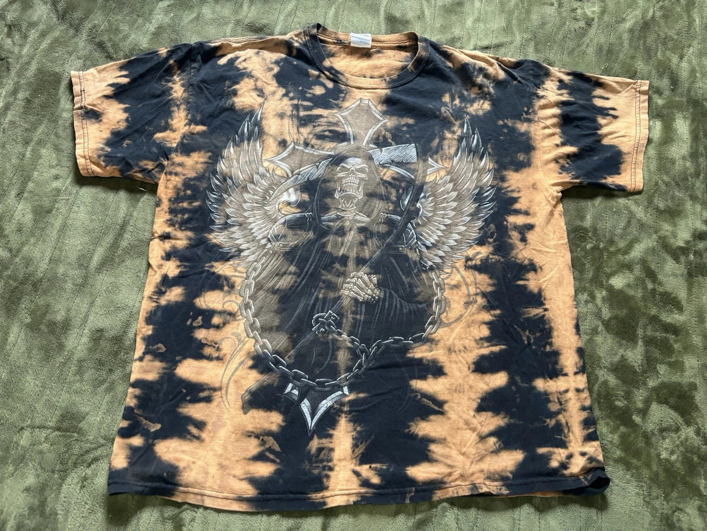 Vintage Y2K Shirt Mens XL Orange Black Tie Dye Reaper Celtic Cross Winged Skull Unisex T-shirt, Sweatshirt, Hoodie, Long Sleeve Tee - T-Shirt, Sweatshirt, Hoodie