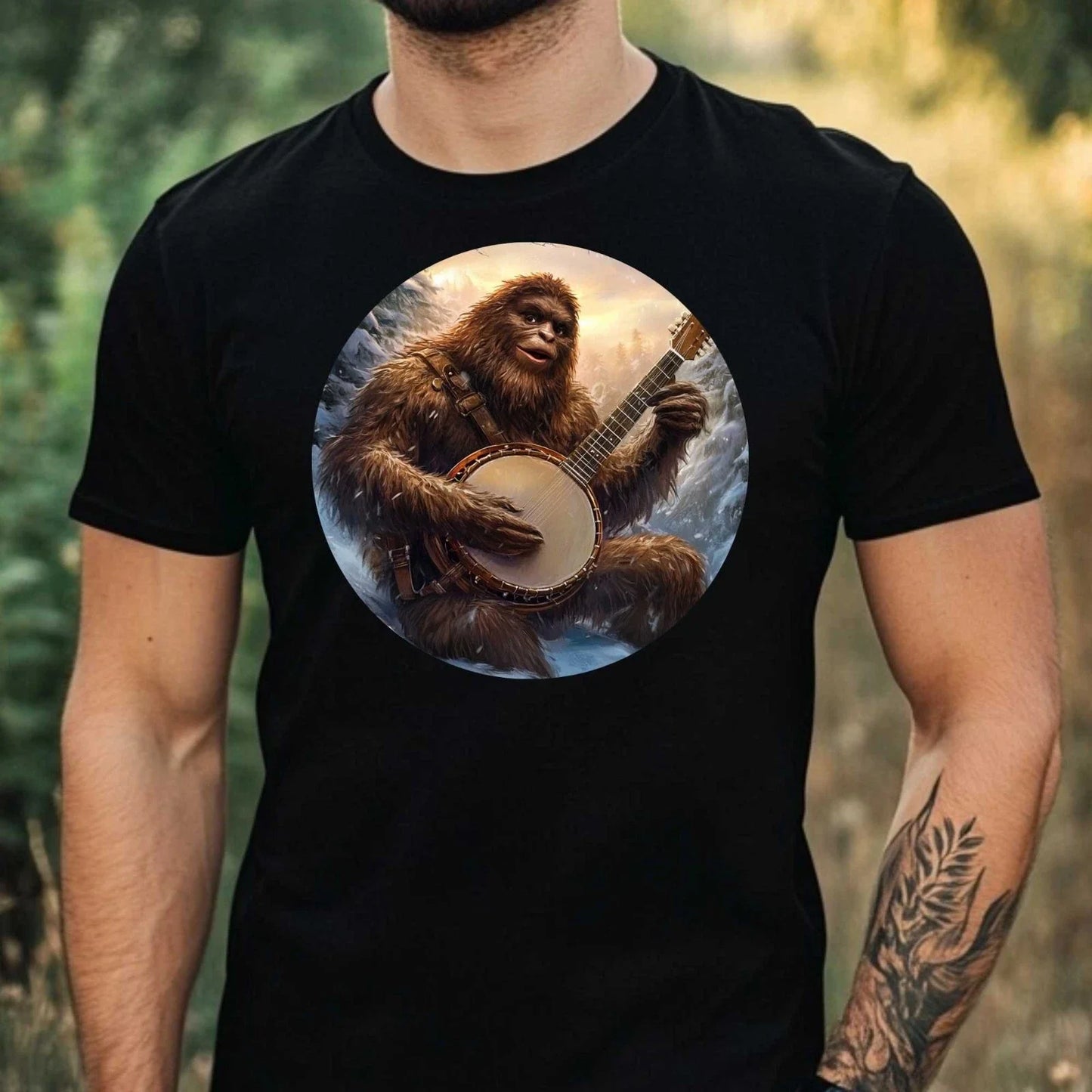Men's Bigfoot Plays Banjo Theme Cotton T-Shirt Size XS to 5XL Unisex T-shirt, Sweatshirt, Hoodie, Long Sleeve Tee - T-Shirt, Sweatshirt, Hoodie