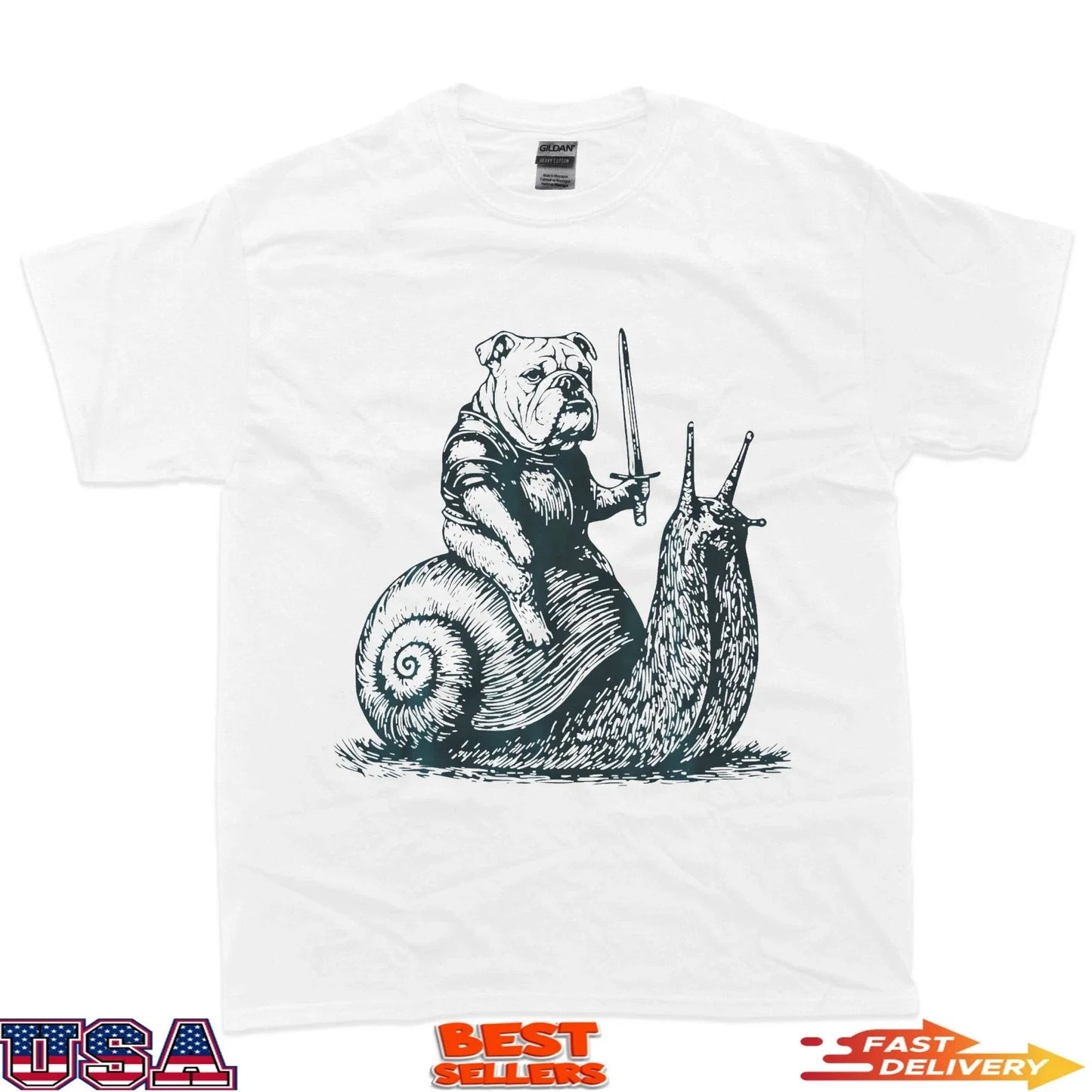 Medieval Bulldog Knight Riding Snail Vintage Funny Dog Meme T-Shirt Unisex T-shirt, Sweatshirt, Hoodie, Long Sleeve Tee - T-Shirt, Sweatshirt, Hoodie