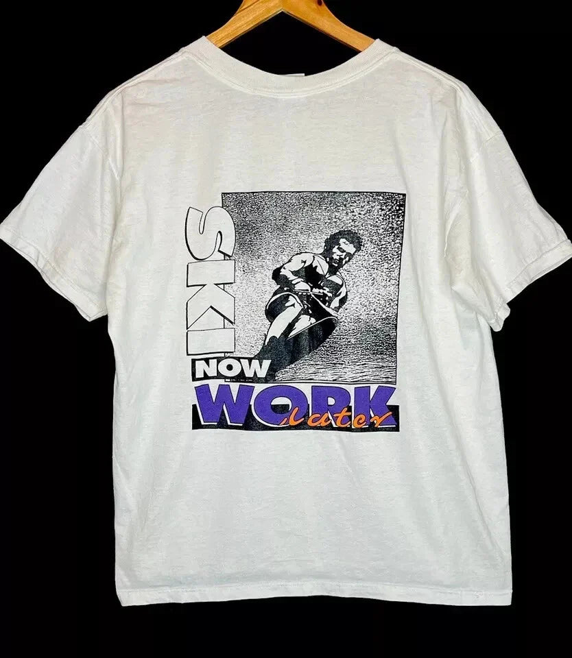 Vintage 90s Masterline Water Ski T Shirt Ski Now Work Later Extreme Sports Unisex T-shirt, Sweatshirt, Hoodie, Long Sleeve Tee - T-Shirt, Sweatshirt, Hoodie