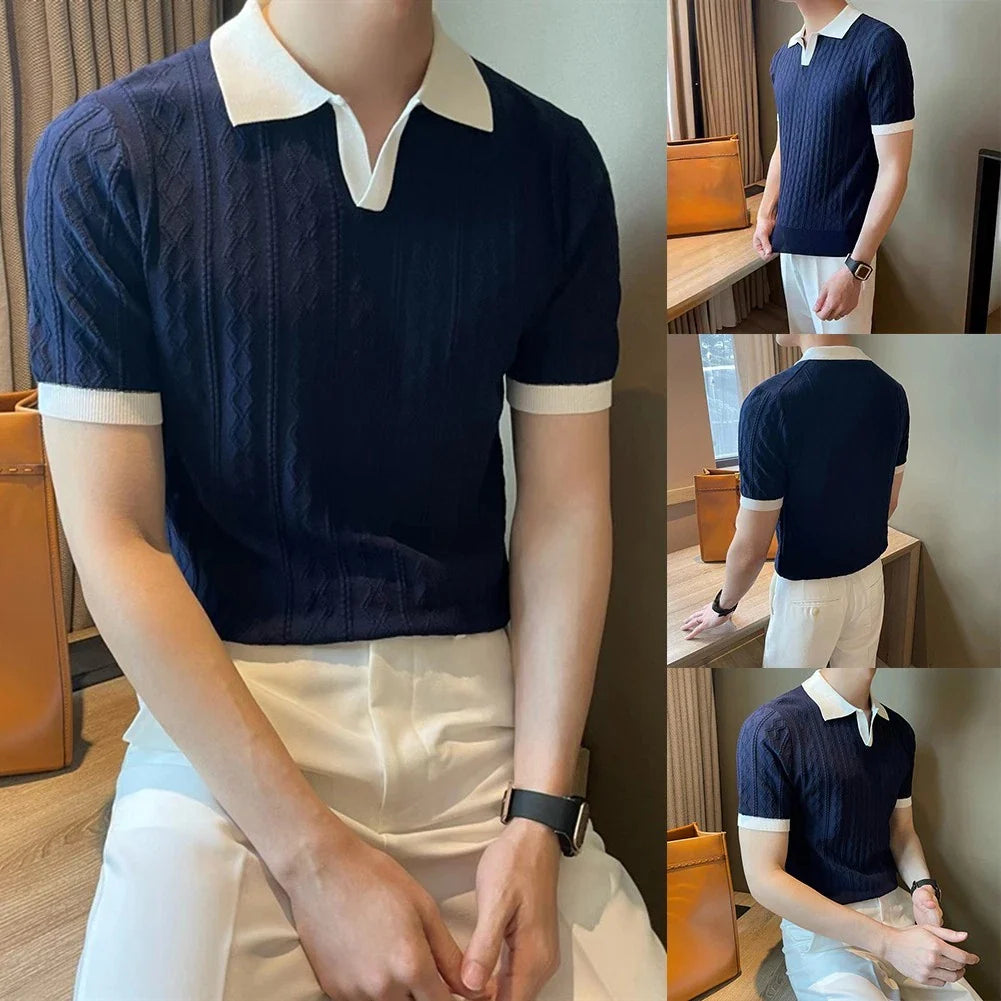 Fashionable Men's Short Sleeve Color Block Knitted Tee for Street Style Unisex T-shirt, Sweatshirt, Hoodie, Long Sleeve Tee - T-Shirt, Sweatshirt, Hoodie