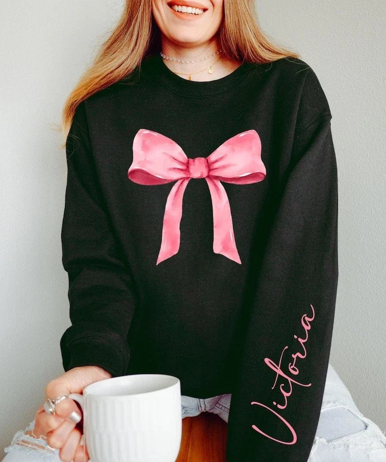 Custom Name Sweatshirt Coquette Aesthetic Bow | Valentines Day Gift Unisex T-shirt, Sweatshirt, Hoodie, Long Sleeve Tee - T-Shirt, Sweatshirt, Hoodie