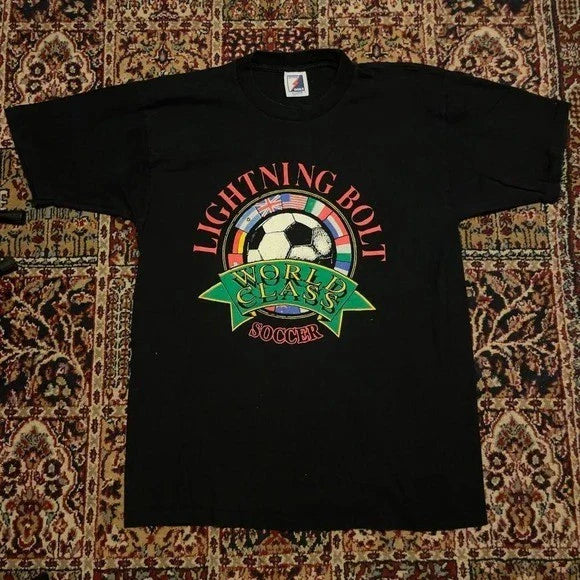 VTG 90s Lightning Bolt World Class Soccer world flags tee shirt XL USA Black Unisex T-shirt, Sweatshirt, Hoodie, Long Sleeve Tee - T-Shirt, Sweatshirt, Hoodie