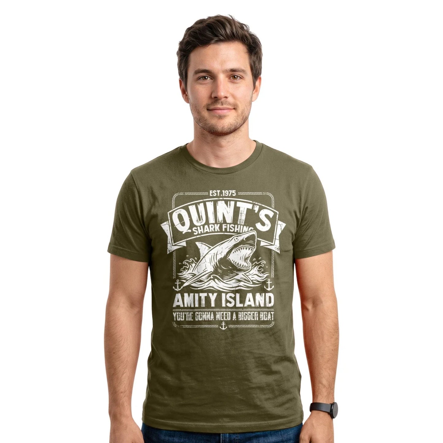 Quints Shark Fishing T-shirt | Amity Island Fisherman Retro 1975 Design Tee Unisex T-shirt, Sweatshirt, Hoodie, Long Sleeve Tee - T-Shirt, Sweatshirt, Hoodie