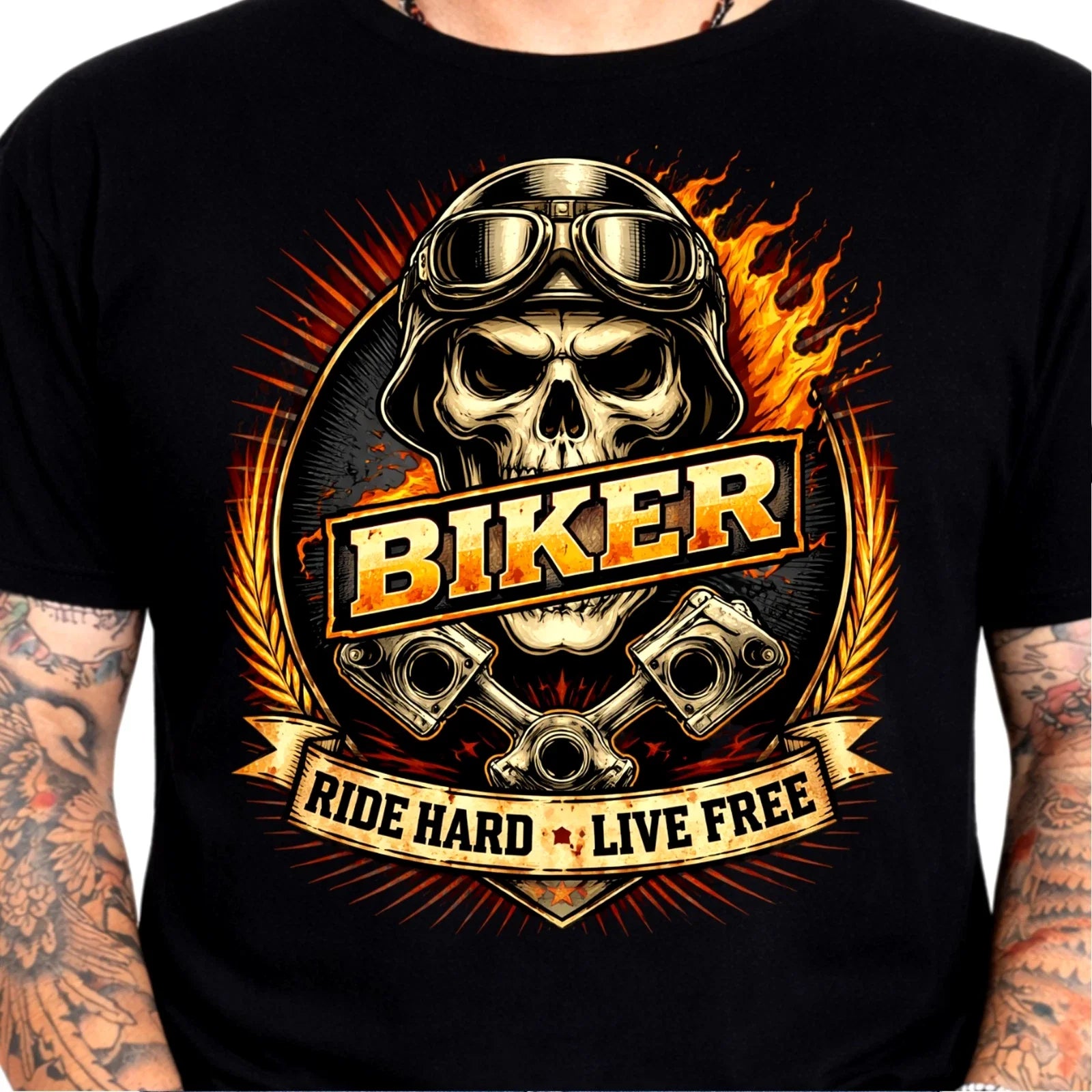 Ride Hard Live Free T-Shirt Skull Biker Motorcycle Pistons Flames Gothic Tee Unisex T-shirt, Sweatshirt, Hoodie, Long Sleeve Tee - T-Shirt, Sweatshirt, Hoodie