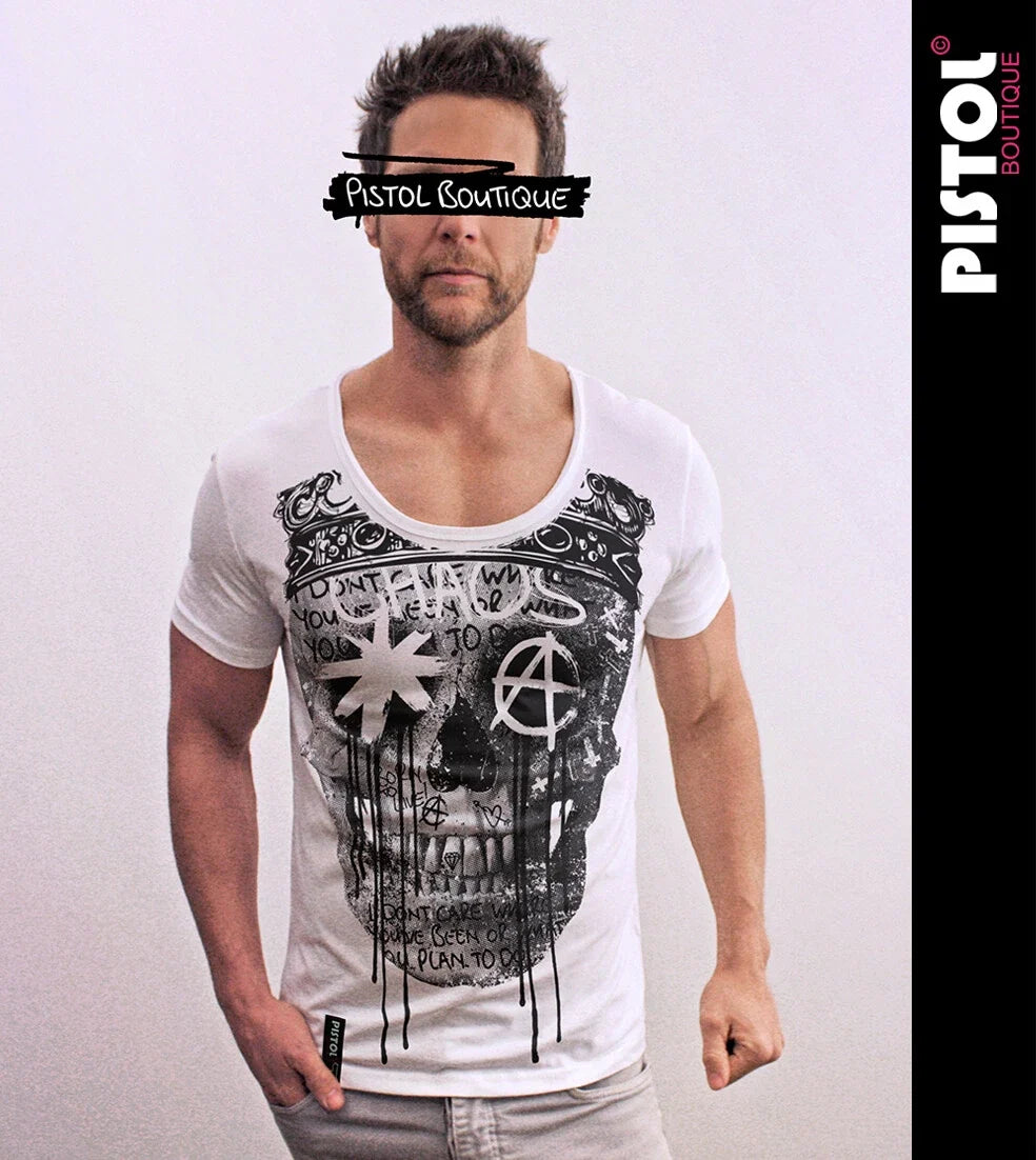 Pistol Boutique T-Shirt Uomo Fitted Bianco Girocollo Graffiti Skull Crown Unisex T-shirt, Sweatshirt, Hoodie, Long Sleeve Tee - T-Shirt, Sweatshirt, Hoodie