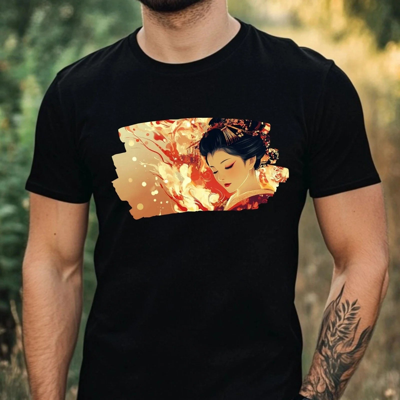 Mens Geisha on Fire Motif Cotton T-Shirt Size XS to 5XL Unisex T-shirt, Sweatshirt, Hoodie, Long Sleeve Tee - T-Shirt, Sweatshirt, Hoodie