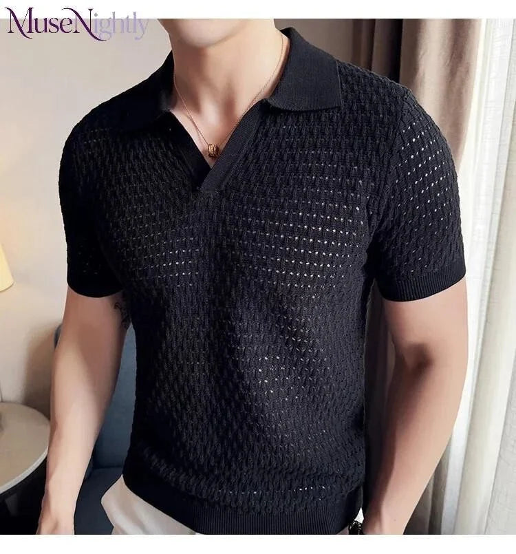 Men's Light and Thin Knitted Hollow Shirt Casual Short Sleeved V-neck T-shirt Unisex T-shirt, Sweatshirt, Hoodie, Long Sleeve Tee - T-Shirt, Sweatshirt, Hoodie