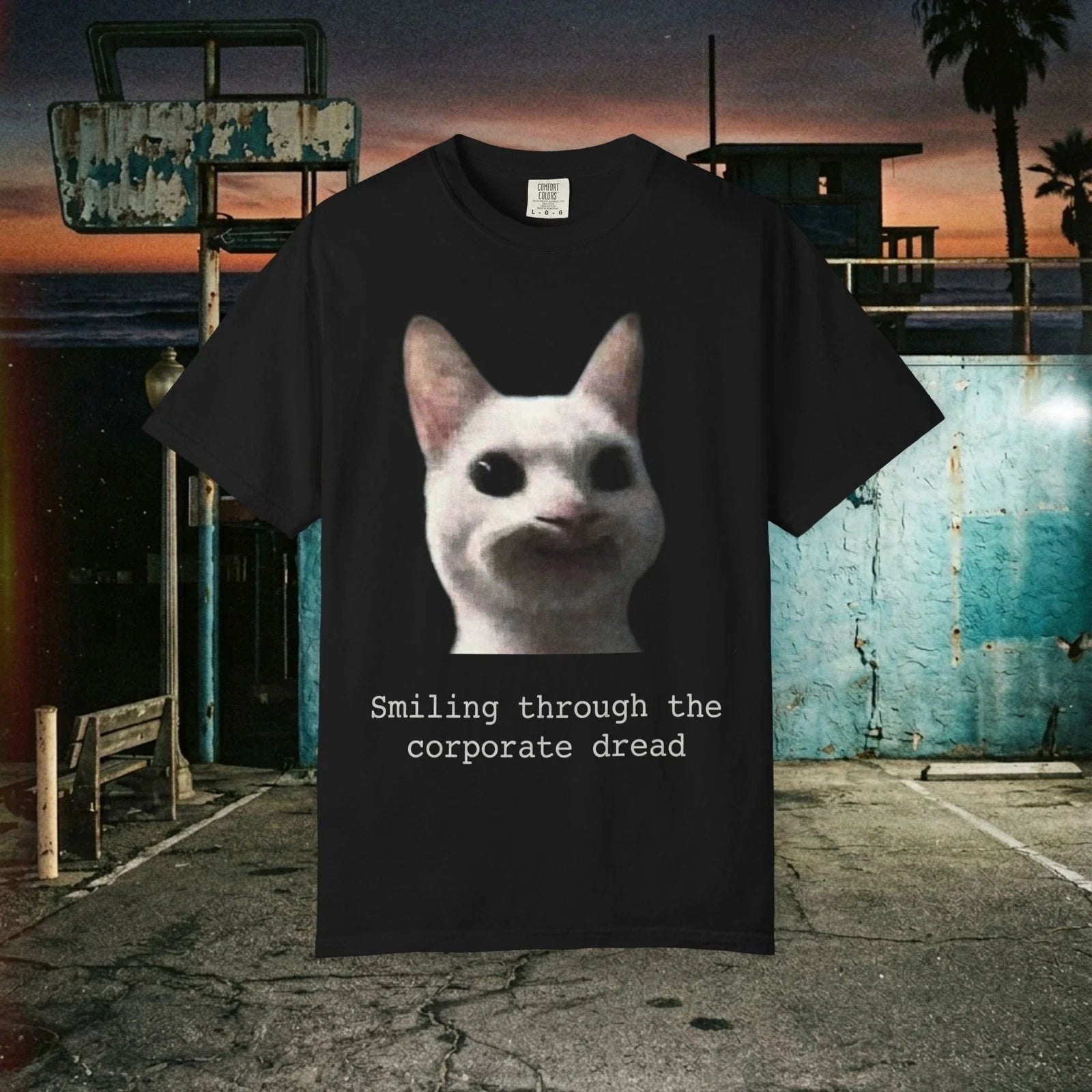 Smiling Through The Corporate Dread Funny White Cat Meme Unisex T-Shirt Unisex T-shirt, Sweatshirt, Hoodie, Long Sleeve Tee - T-Shirt, Sweatshirt, Hoodie