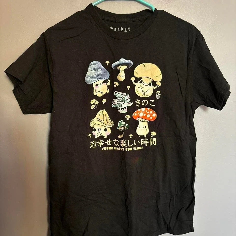 Friday Jr Mushroom Graphic Tee Black Super Happy Fun Time Kawaii Shirt Medium Unisex T-shirt, Sweatshirt, Hoodie, Long Sleeve Tee - T-Shirt, Sweatshirt, Hoodie
