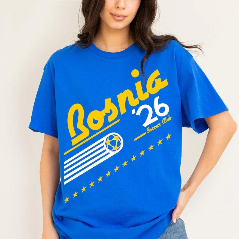 Retro Bosnia & Herzegovina Soccer Cup T-Shirt, 90's World Team Graphic Tee Unisex T-shirt, Sweatshirt, Hoodie, Long Sleeve Tee - T-Shirt, Sweatshirt, Hoodie