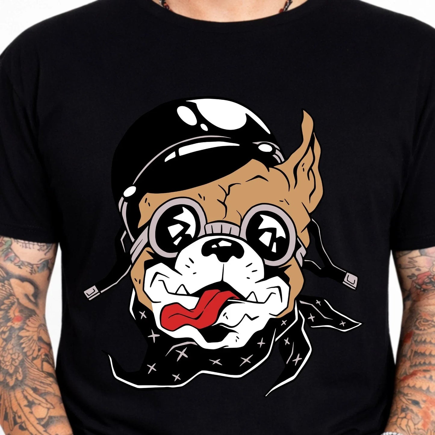 Biker Dog Helmet Goggles Bandana Funny Bulldog Rider Graphic Cool T-Shirt. Unisex T-shirt, Sweatshirt, Hoodie, Long Sleeve Tee - T-Shirt, Sweatshirt, Hoodie