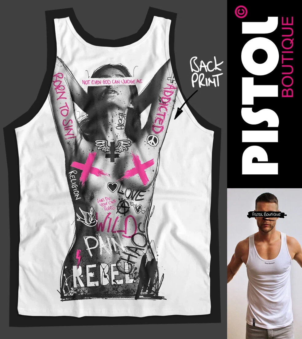 Pistol Boutique Men's White NAKED TATTOOS GIRL Back Print Vest Top Singlet Tank Unisex T-shirt, Sweatshirt, Hoodie, Long Sleeve Tee - T-Shirt, Sweatshirt, Hoodie