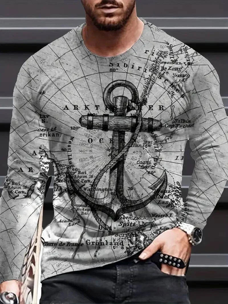 T-Shirt Men Long Sleeve Black Gray Nautical Anchor Print Tee USA Size Activewear Unisex T-shirt, Sweatshirt, Hoodie, Long Sleeve Tee - T-Shirt, Sweatshirt, Hoodie