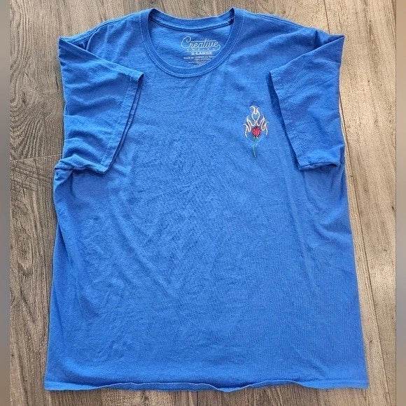 Mens Blue T-Shirt XL Embroidered Rose on Fire Graphic Tee 100% Cotton Spring Unisex T-shirt, Sweatshirt, Hoodie, Long Sleeve Tee - T-Shirt, Sweatshirt, Hoodie