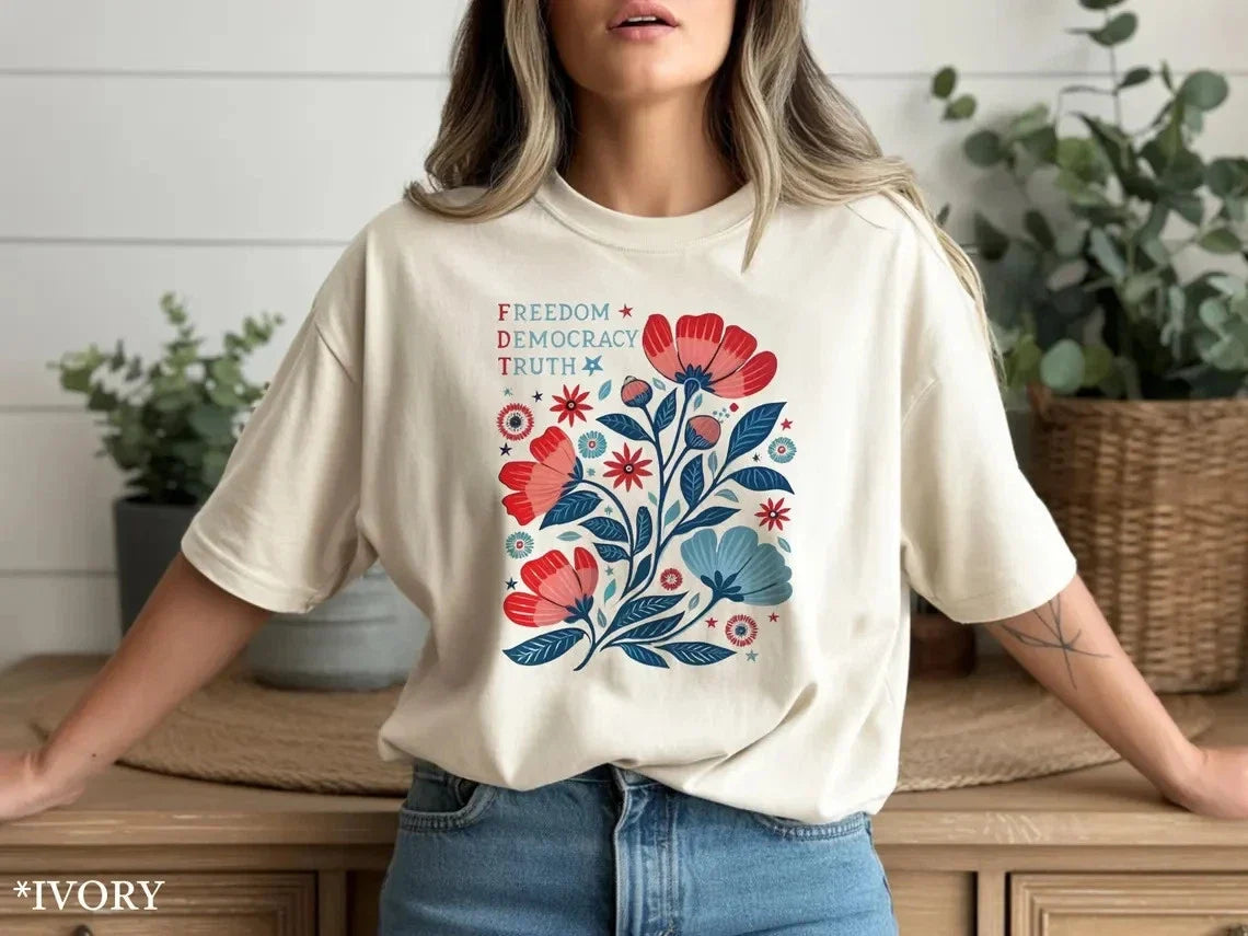 Freedom Democracy Truth Shirt Red Blue Floral Wildflower Botanical Resist Tee Unisex T-shirt, Sweatshirt, Hoodie, Long Sleeve Tee - T-Shirt, Sweatshirt, Hoodie