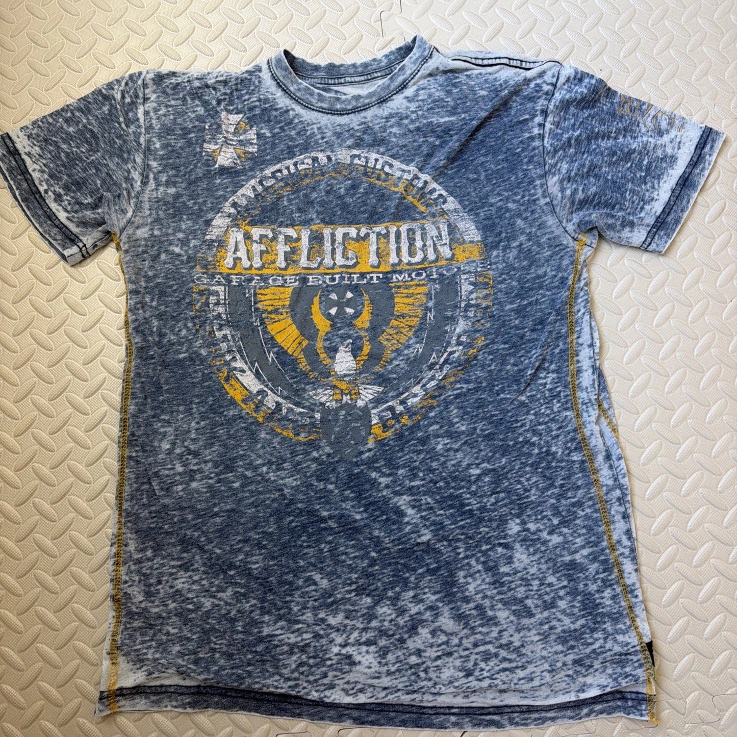 Affliction Graphic Tee Blue American Customs Garage Built Mineral Wash SZ Lg Unisex T-shirt, Sweatshirt, Hoodie, Long Sleeve Tee - T-Shirt, Sweatshirt, Hoodie