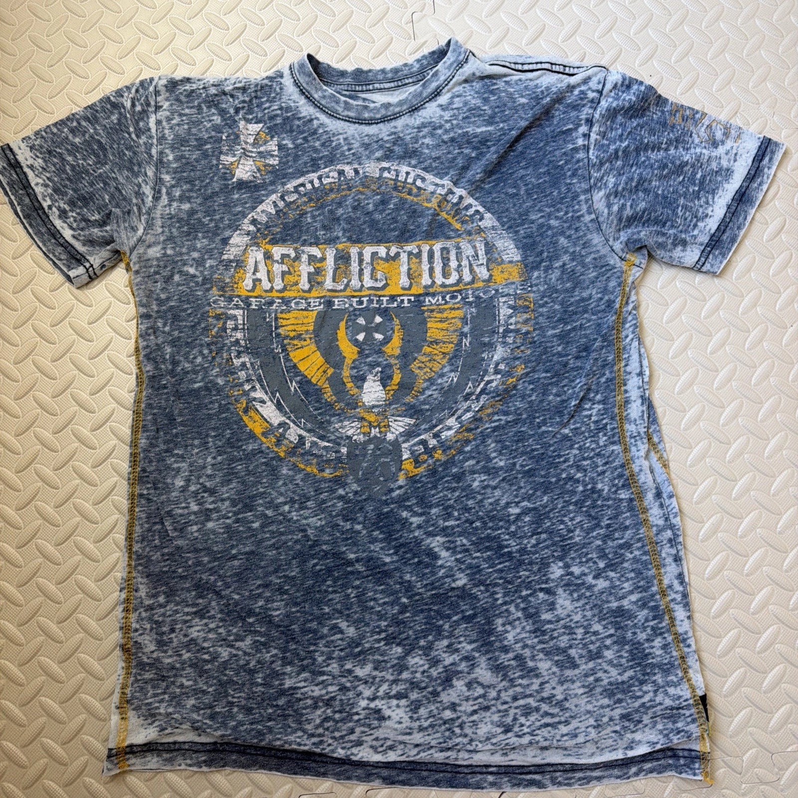 Affliction Graphic Tee Blue American Customs Garage Built Mineral Wash SZ Lg Unisex T-shirt, Sweatshirt, Hoodie, Long Sleeve Tee - T-Shirt, Sweatshirt, Hoodie