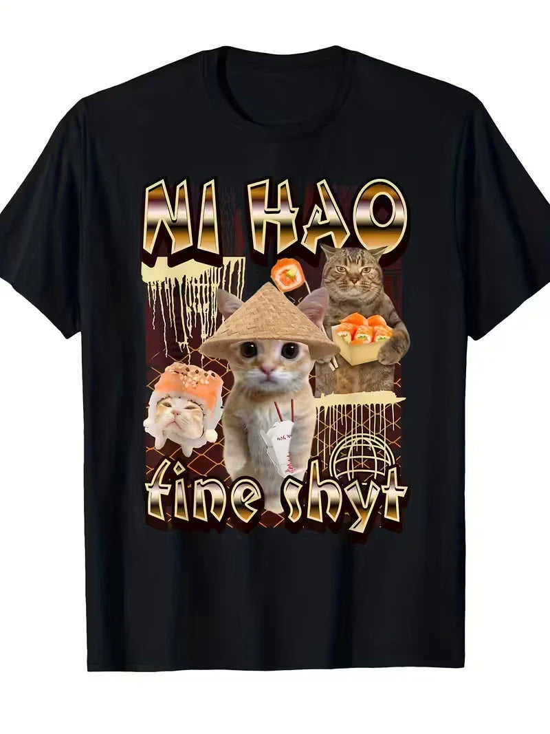 Men's /Korean Culture T-Shirt with Cute Anime Cat & Chinese Text Print - Kawaii Unisex T-shirt, Sweatshirt, Hoodie, Long Sleeve Tee - T-Shirt, Sweatshirt, Hoodie